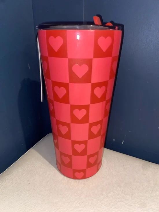 HydraPeak Heart-Checkered Insulated Travel Tumbler - Red/Pink