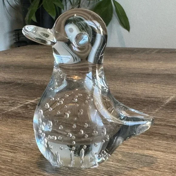 Vintage Blown Glass Clear Duck Paperweight Glass Animal