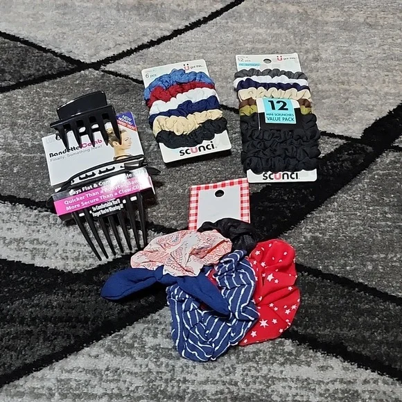HAIR-TIES ACCESSORIES BUNDLE MINI SCUNCIS- BANDETTE COMB CLIP- PATRIOTIC SCUNCIS