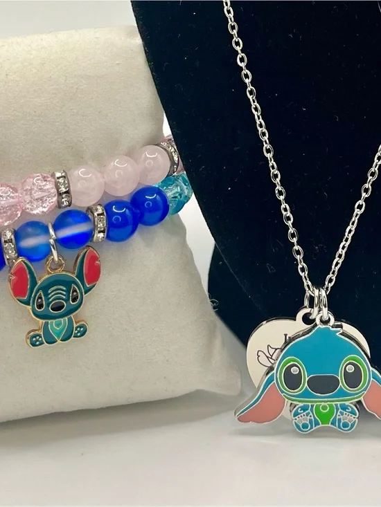 Cute Blue Stitch-Style Kids Necklace and Bracelet Set