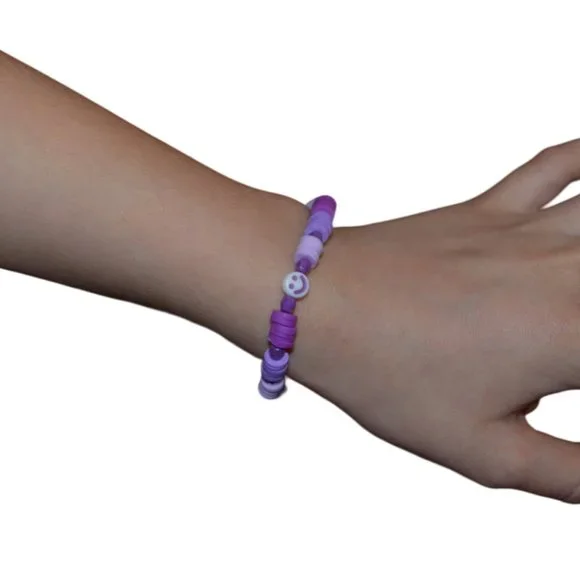 Handmade Clay Beads Elastic Kids Bracelet Purple Smile Image 2.5 length/half