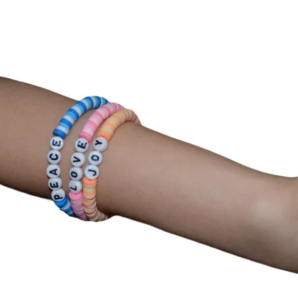 Handmade Set/3 Clay Rubber Beads Elastic Kids Bracelet Blue Pink 3