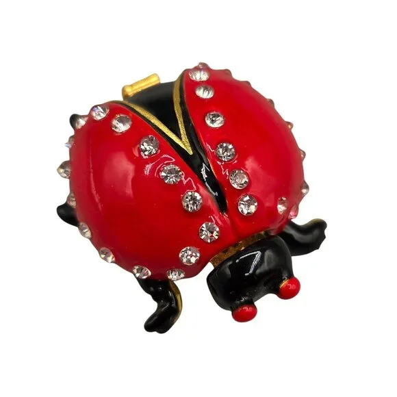 Ladybug Trinket Box Red Enamel Clear Rhinestone Accents Hinged Magnetic Closure