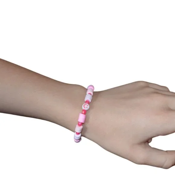Handmade Clay Beads Elastic Kids Jewelry White Pink Smile Image 2.5 length/half