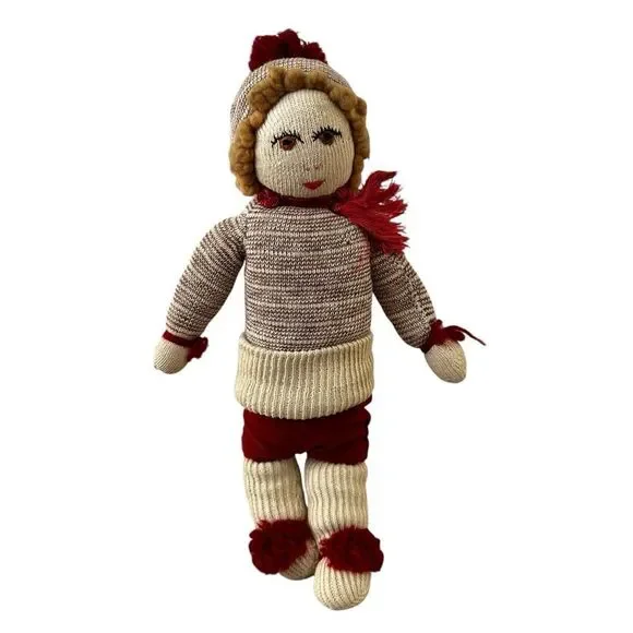 Vintage Handmade Knitted Cloth Doll Scandinavian Folk Art Winter Outfit