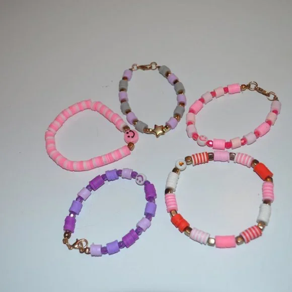 5 Bracelets  Handmade Clay Beads Colorful Elastic Fastener Kids Girls