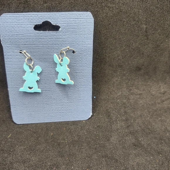 Pastel Blue Bunny Faux Leather Dangle Earrings, Lightweight Easter Earrings