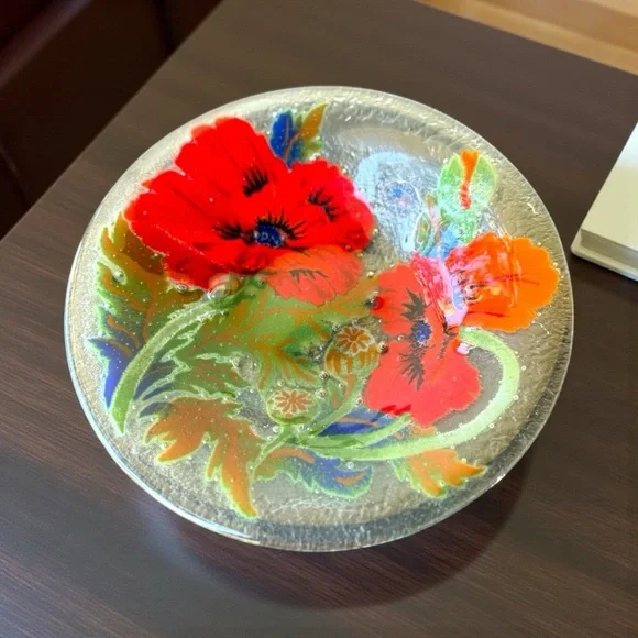 Vintage Peggy Karr Fused Glass Plate Red Poppy Flower Design