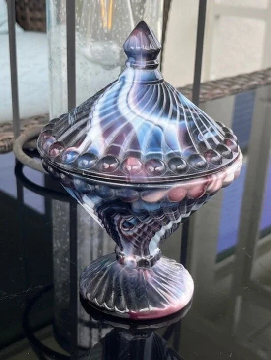 Westmoreland Swirl & Ball Purple & White Slag Glass Covered Candy Dish EUC