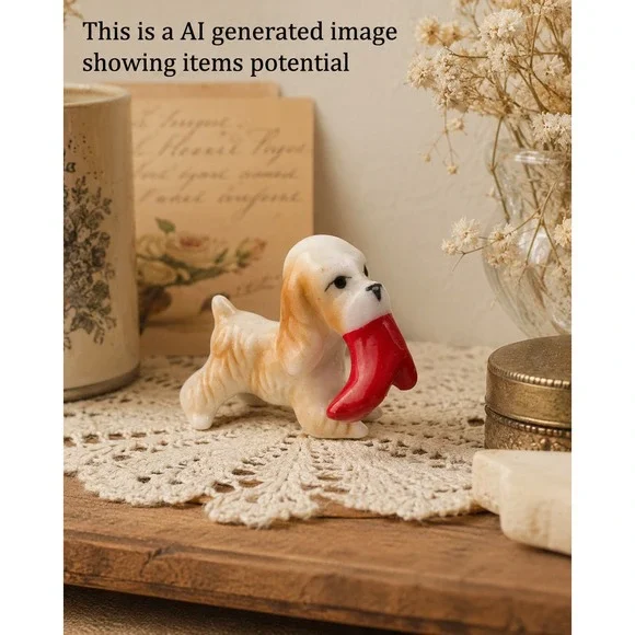Vintage Mini Glossy Dog Figurine Red Shoe In Mouth Puppy 1.5