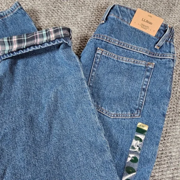 LL Bean Flannel Lined Jeans‎ Womens 14 Regular Original Relaxed Fit Blue Plaid
