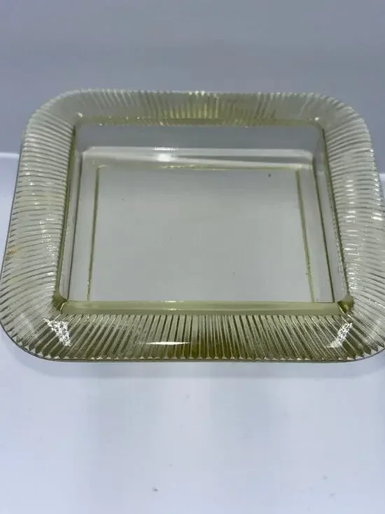 Vintage Uranium Yellow Glass Square Dish Ribbed Vaseline Glows Ribbed Border
