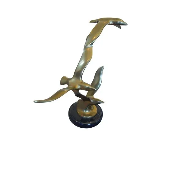 Vintage Mid Century Brass Birds in Flight Sculpture on Marble Base 10
