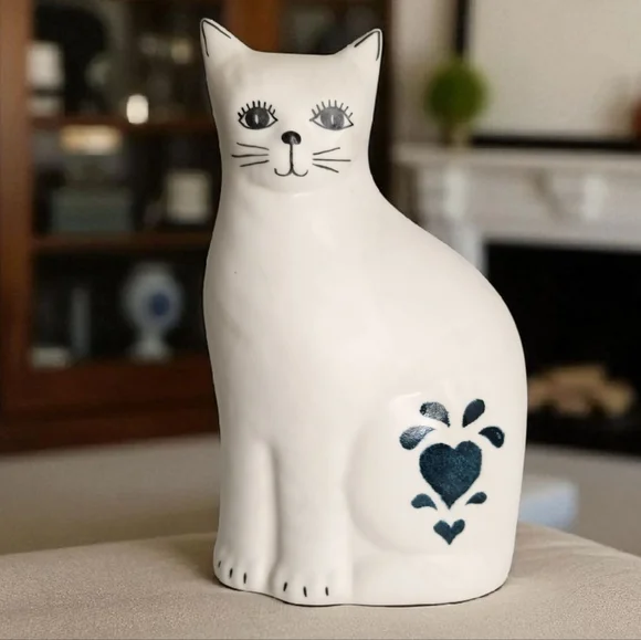 Vintage Ceramic White Sitting Cat with Blue Heart Figurine Statue 9.5
