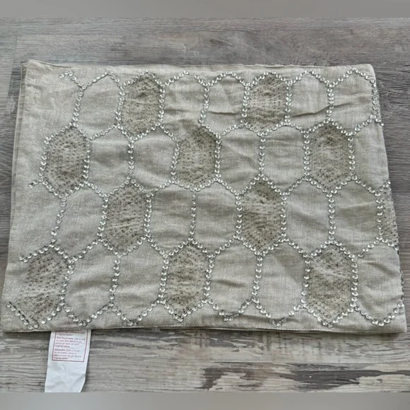 Pier 1 Imports taupe table runner with embroidered hexagon pattern