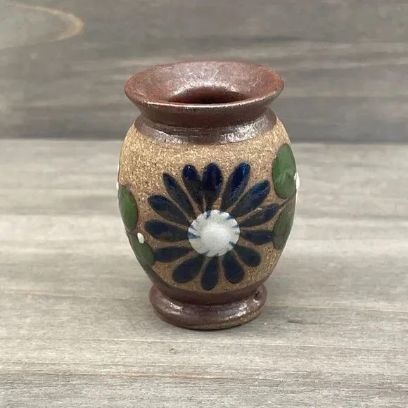 Miniature Hand Painted Mexican Pottery Blue Flower Sandstone Bud Vase Decor