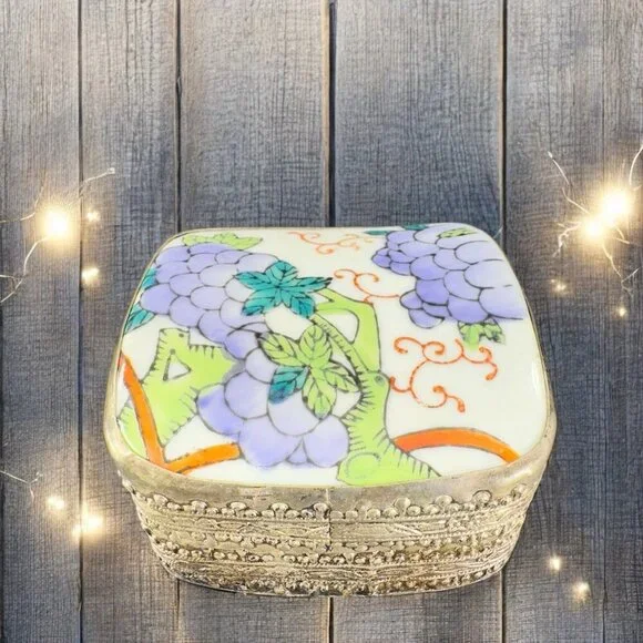 Vintage Silver Plated Trinket Box Holder Multicolor Porcelain Top Floral Pattern