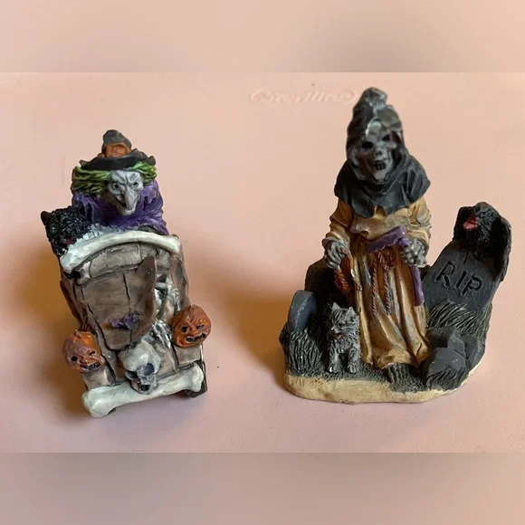 Spooky Halloween Figurine Set with Witch and Reaper Witches Hat Broken