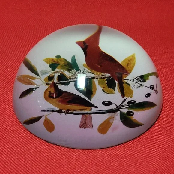 Vintage Art Glass Paperweight Bird on Olive Branches Half Round Dome