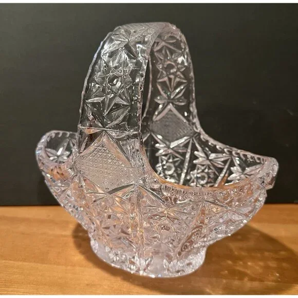 Vtg Clear Glass Basket Star Diamond Pattern Starburst 7