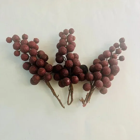 3 Strands Artificial Frosted Grapes Burgundy Faux Clusters Brown Stems Vintage