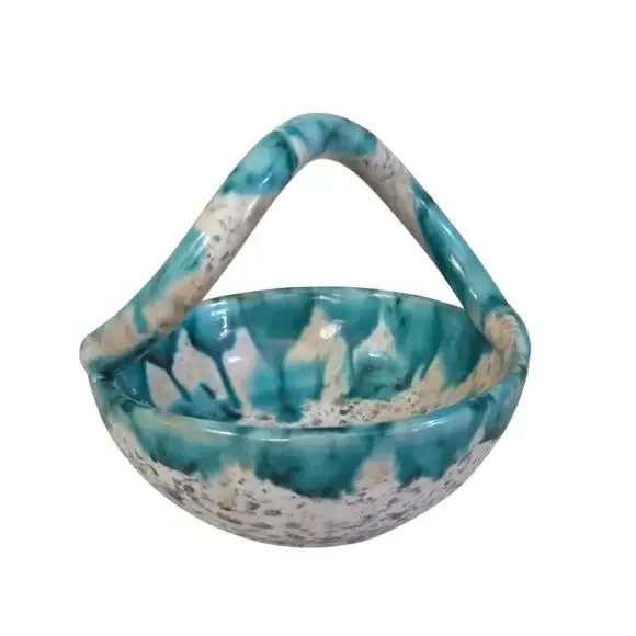 Terracotta Pottery Art Glazed Basket Green White Drip Paint Made Italy Numbered