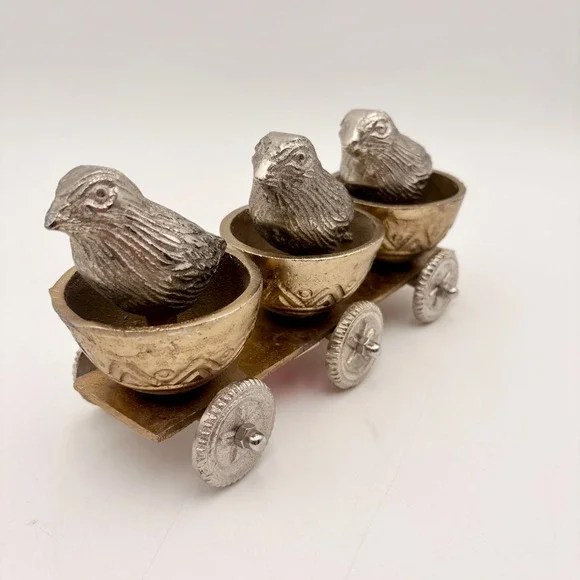 Vintage Style Mixed Metal Three Birds on Rolling Cart Figurine‎ Decor 8.5 Inch