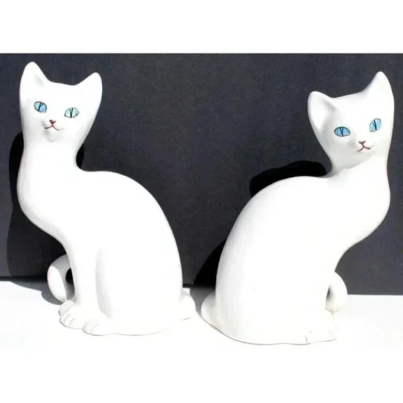 Vtg Ceramic Italian Him / Her White Cats Kitty Pair Set Figurine Sculpture Italy