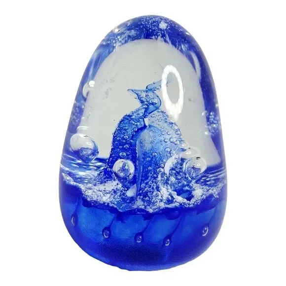 Vingate Glass Cobalt Blue Bubbles and Swirls Blown‎ Glass Paperweight Signed 3
