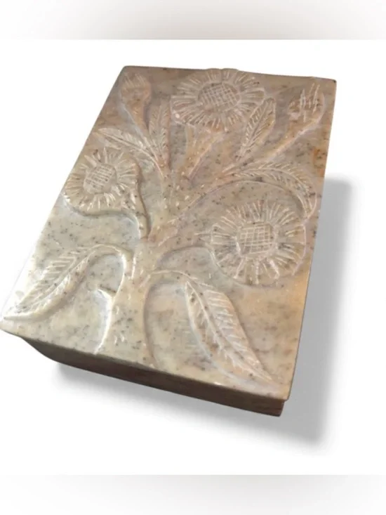 Handcrafted Floral Carved Stone Keepsake Trinket Box