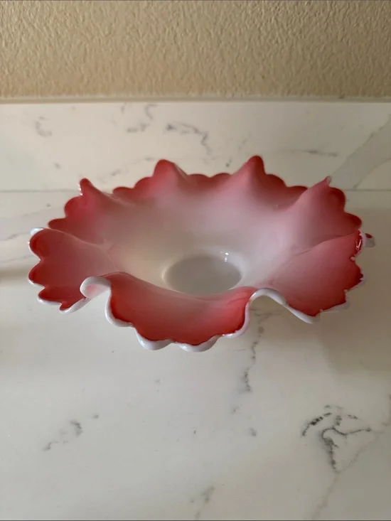 Vintage Cased Glass Cranberry Ruffled Wedding Bowl Ombre
