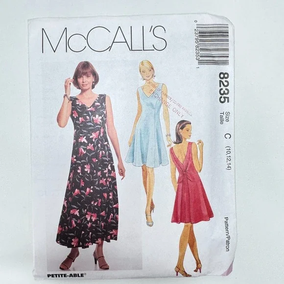 McCALLS 8235 Cut Sewing Pattern Sleeveless Dress w. Variations 10 12 14 V-neck‎