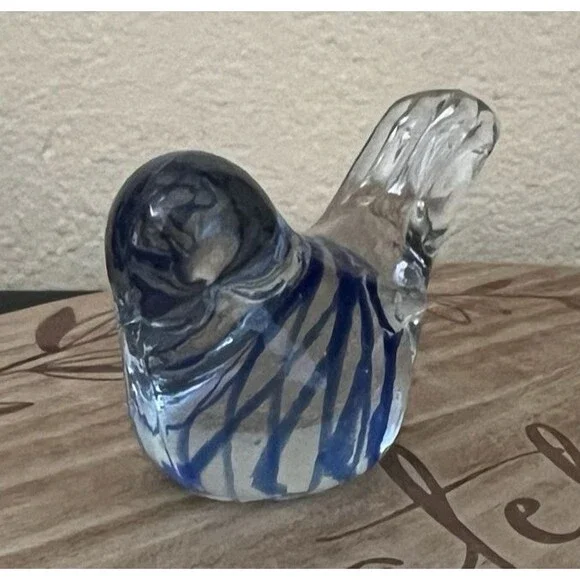 Vintage Hand Blown Art Glass Bird Figurine Paperweight Glass With Blue Ribbon