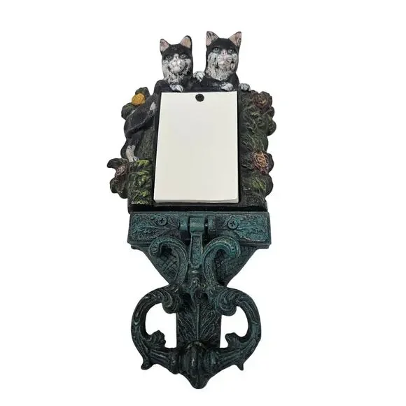 Vintage 80s Cast Iron Door Knocker Tuxedo Cat Note Pad Cottage Whimsical 12 in