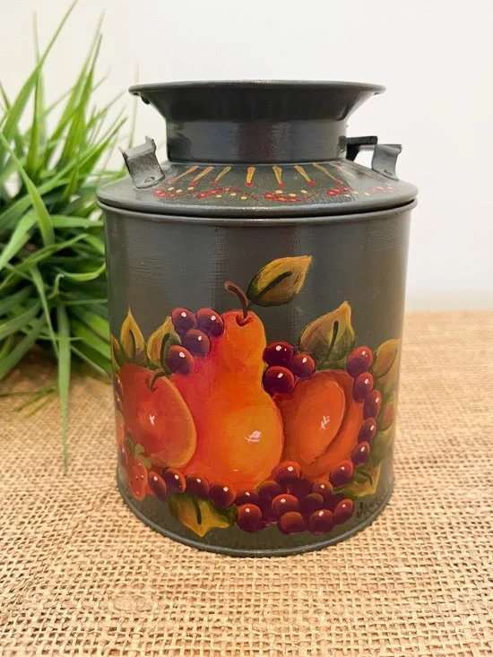 Vintage Tole Painted Folk Art Fruit Tin Container with Lid