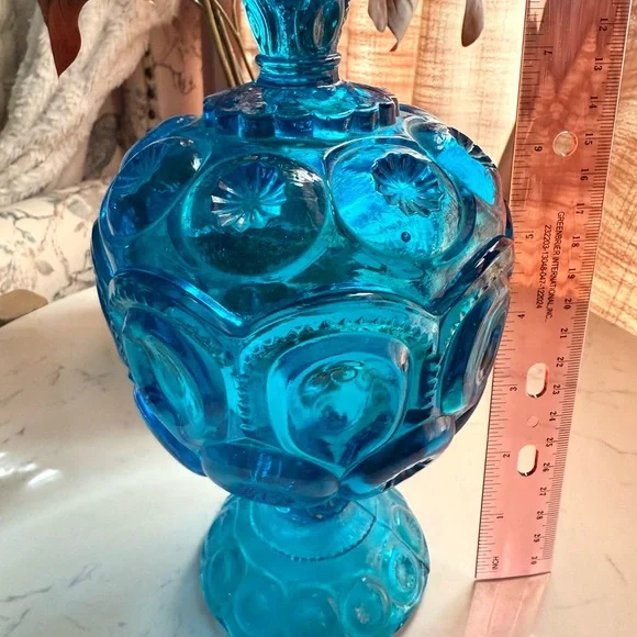Vintage LE Smith Moon & Stars Blue Glass Candy Dish Compote with Lid