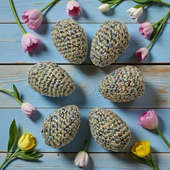 Handcrafted Crochet Eggs – Buff Variegated Set of Six with Metallic Threading