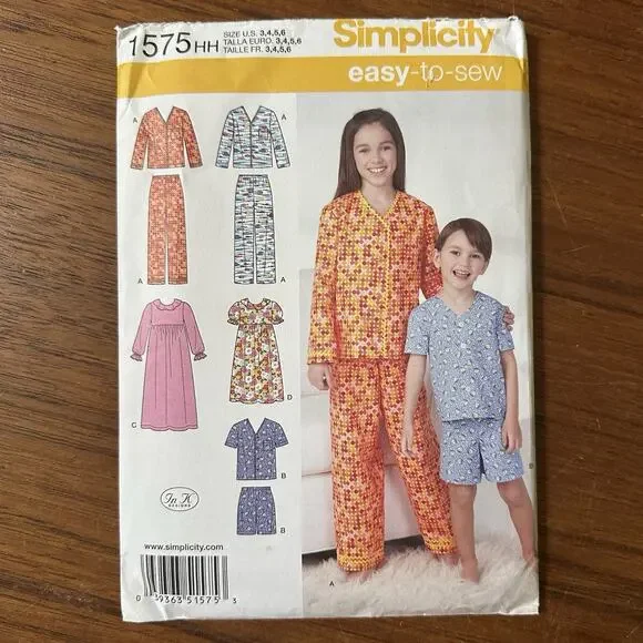 NEW SIMPLICITY #1575 CHILDS NIGHTGOWN PAJAMAS PATTERN 3-6 FF