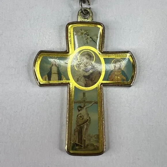 Catholic Images Gold Color Cross with Enamel Vintage Keychain Keyring