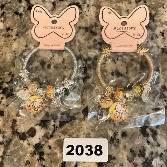2038 Gold or Silver Tone Hello Kitty Kids Charm Bracelet