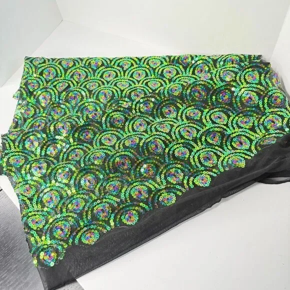 Iridescent Sequin Fabric Green Rainbow Mermaid Scale Pattern 30” x 17” Mesh Back