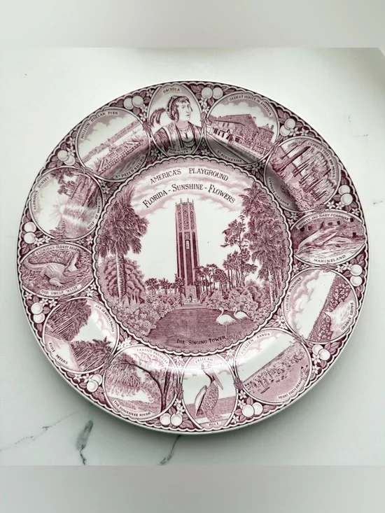 Vintage Florida State Plate Staffordshire Red Transferware Souvenir