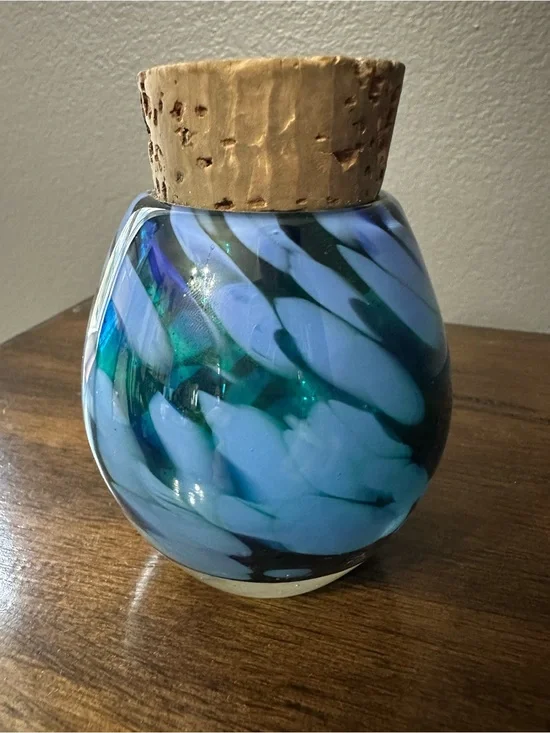 Hand-Blown Blue Glass Jar with Cork Stopper