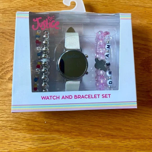 Justice watch and bracelet set in box