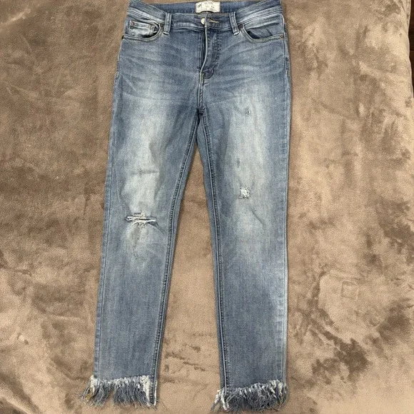 Free People Jeans Womens 28 Medium Wash Mid Rise Straight Distressed Fringe Hem