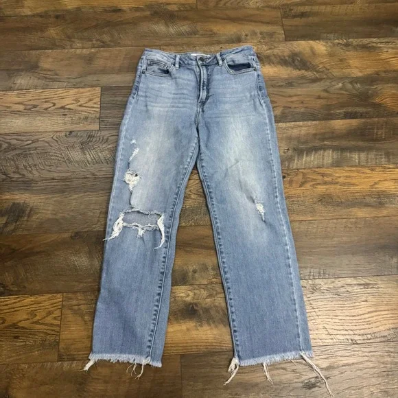 Hidden Jeans Women Size 28 Medium Wash Distressed Raw Hem Straight Crop Denim