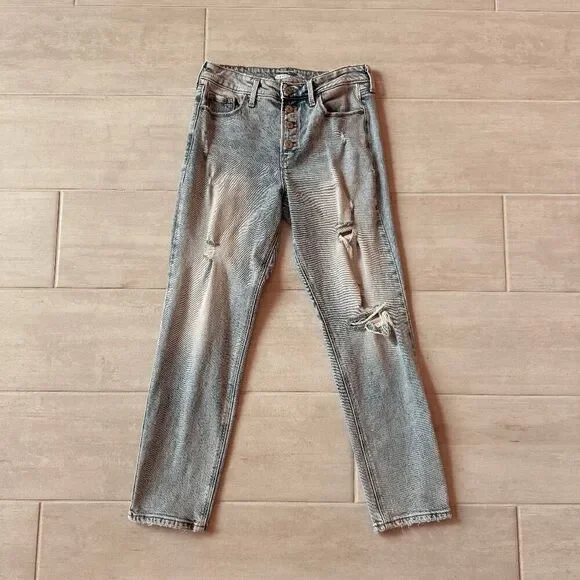 Old Navy Power Slim Straight High Rise Jeans Distressed Light Button Fly Ripped