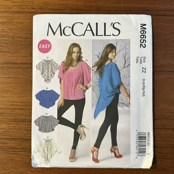 NEW McCalls 6652 Sewing Pattern Loose Fitting Pullover Top Misses L-XXL UNCUT