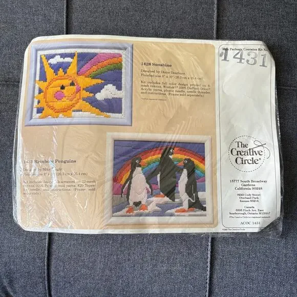 Rainbow Penguins Vintage Stamped Needlepoint Kit by The Creative Circle - 1988