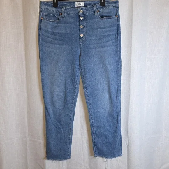 Paige Women's Slim Medium‎ Wash Blue Denim Jeans Distressed Hem Size 32 Stretch